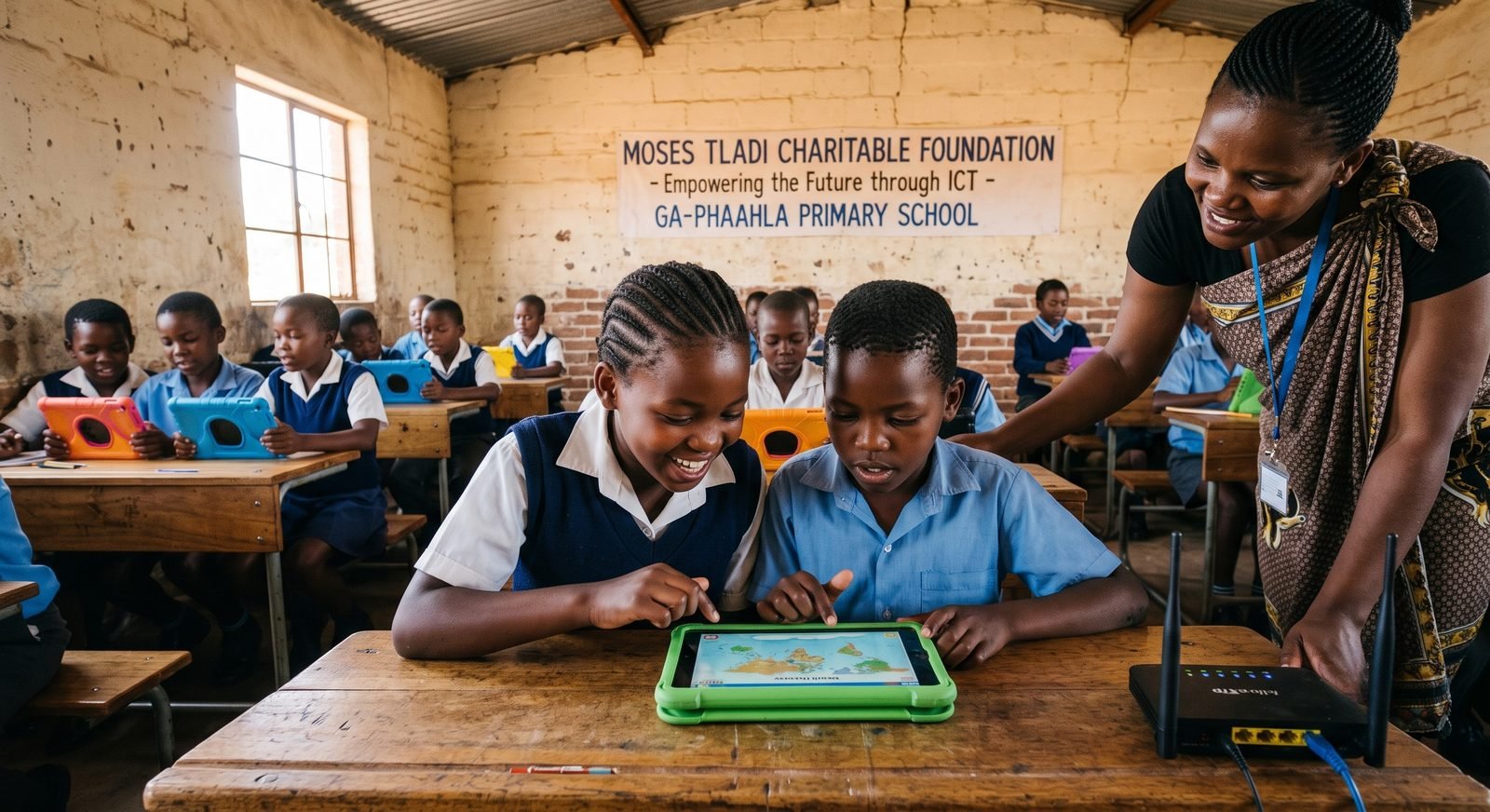 South African children collaborating around digital tablets in a classroom